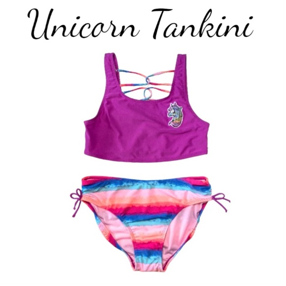NWT Girls Unicorn Tankini Swimsuit Rainbow Pink & Purple Size 16 - Picture 1 of 14